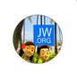 Silver safety-clasp pin with blue JW.ORG logo and smiling cartoon figures