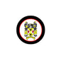 Round enamel family crest pin badge with black rim and Valencia coat of arms design