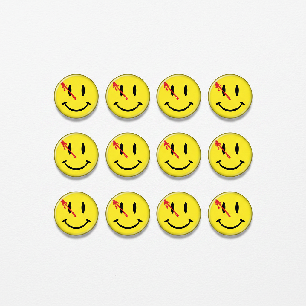 Twelve round yellow smiley face buttons with black outlines and red arrow details, arranged in a 3-by-4 grid on a light gray background.