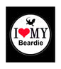 2.25-inch pin-back badge with black square and 'I ♥ MY Beardie' white circle