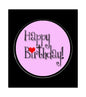 1.25-inch Happy Birthday pinback badge, pink circle with “Happy Birthday!” and red heart