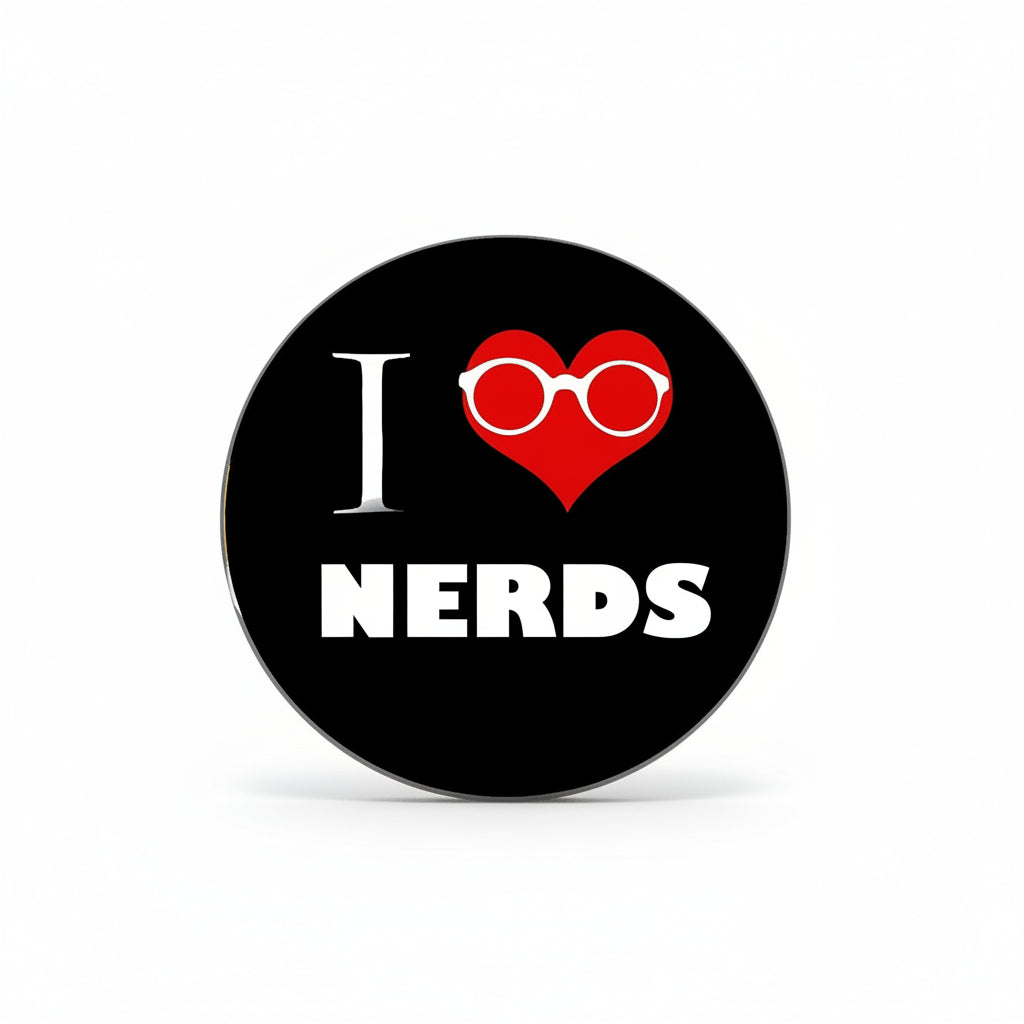 Black round pin with red heart and glasses, 'I ♥ NERDS', 1.25-inch