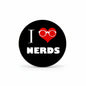 Black round pin with red heart and glasses, 'I ♥ NERDS', 1.25-inch