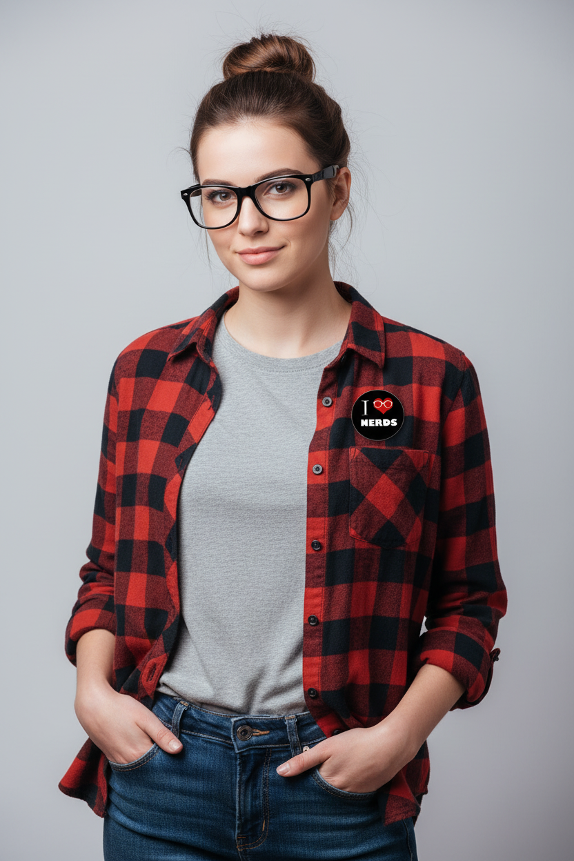 1.25-inch nerds pin on red plaid shirt chest: small black circle with heart and glasses