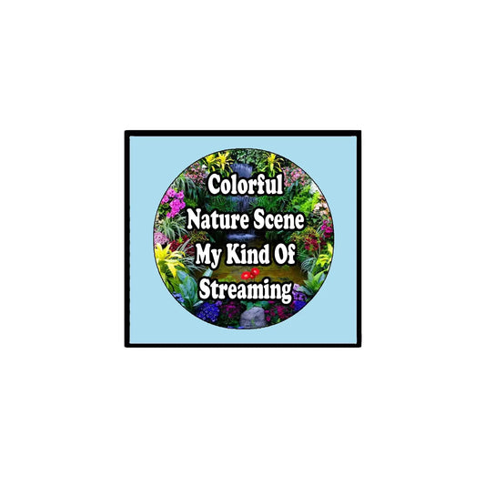 Colorful nature scene pinback button with circular artwork and text, 2.25-inch diameter