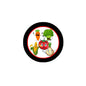1.25-inch vegetable cartoon pinback button with black border, round design