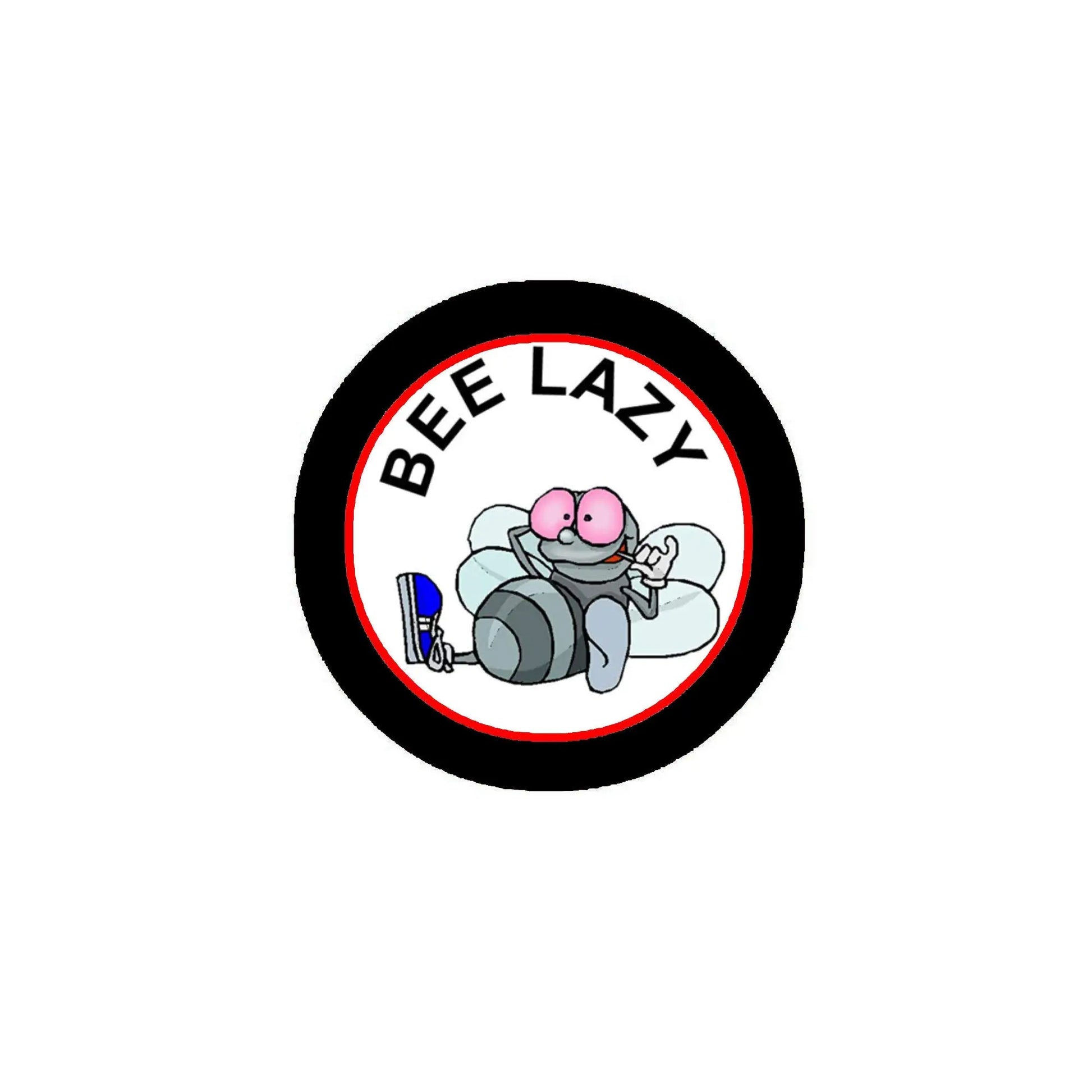 Round bee cartoon pinback button, black border with “BEE LAZY” text