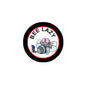 Round bee cartoon pinback button, black border with “BEE LAZY” text