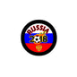 2.25-inch Russia 2018 soccer pinback button, black rim, flag with ball and 'RUSSIA 18'