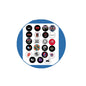 1.25-inch round pinback badge with black music graphics