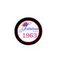 Fabulous since 1963 pinback button pin, circular black border with red trim and purple text