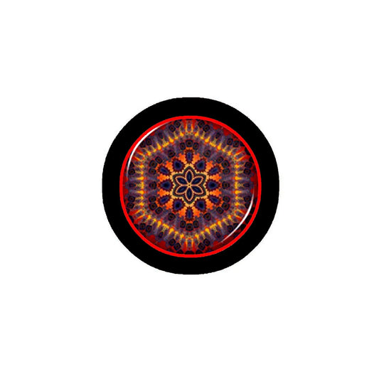 Mini round button badge with psychedelic tie-dye art, orange red blue center and black border