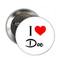 I Love Doc pinback badge with heart and “I Love Doc” text, round 2.25-inch