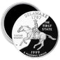Round Delaware state quarter mint image magnet with horse rider and text 'DELAWARE 1787'