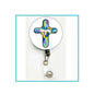 Retractable badge reel with round cross emblem, white face, metal clip and cord