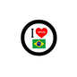 Round I Love Brazil pinback button with black rim, red heart and Brazilian flag design