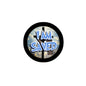 Round pinback button badge with black rim and 'I AM SAVED' holographic text