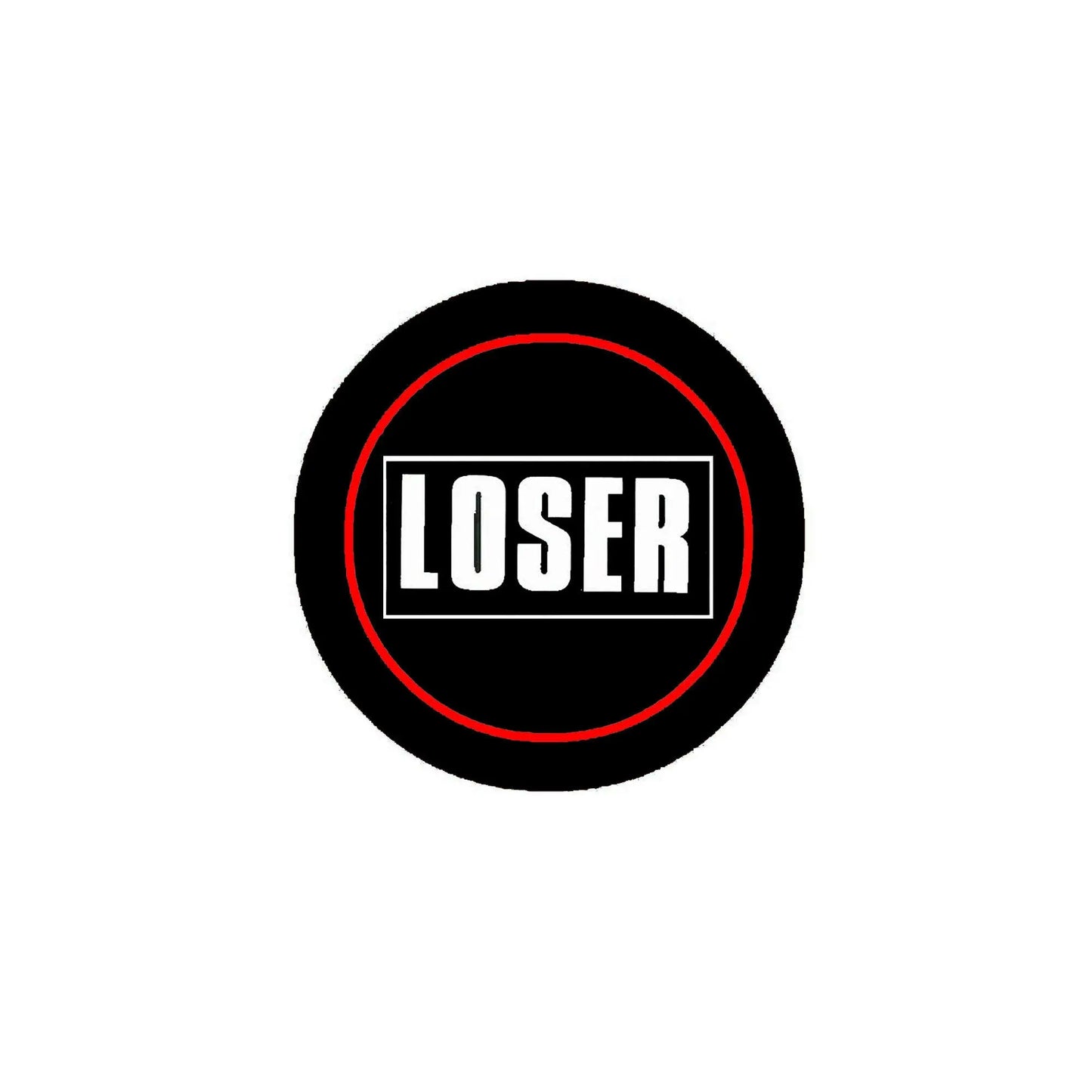 2.25-inch pinback button, black with red border and 'LOSER' text