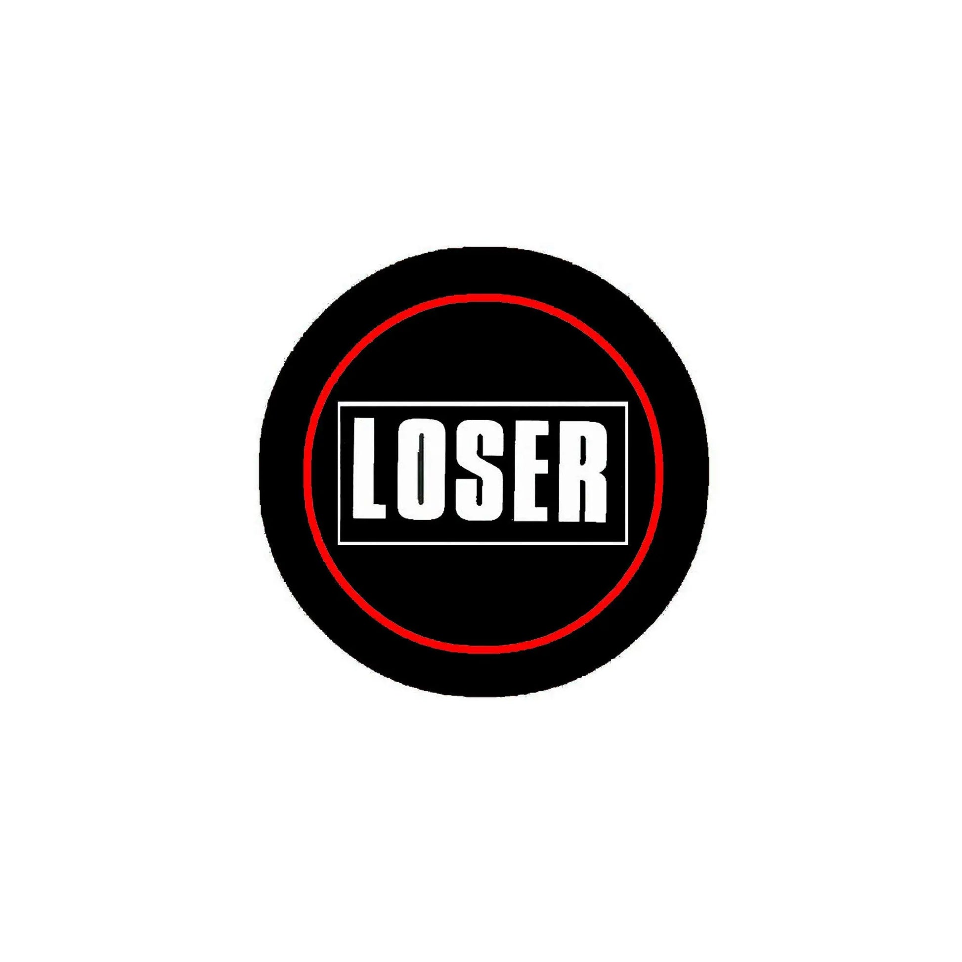 2.25-inch pinback button, black with red border and 'LOSER' text