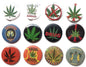 Set of round pin badges with cannabis leaf and drug-themed graphics, assorted colors