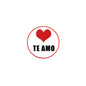 White pinback badge with red heart and TE AMO text