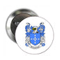 Round pinback badge with blue coat of arms crest and St Laurant name