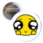 Yellow sad tears emoticon smile pinback button, round face with metal back visible