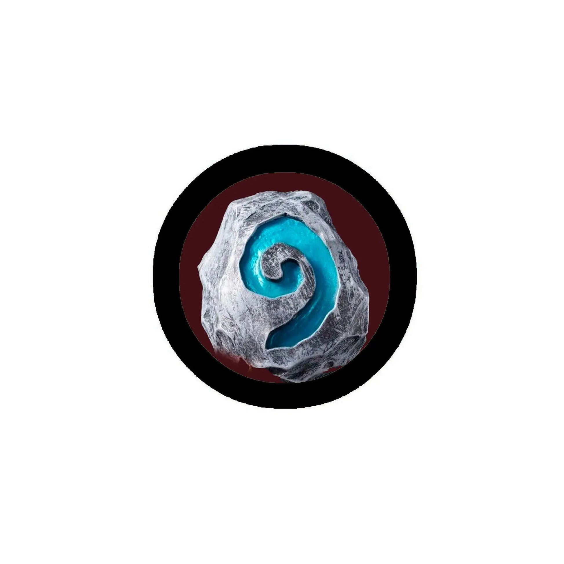 2.25-inch stone pinback with black border, silver heart, teal swirl center
