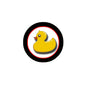 Yellow rubber ducky pinback with black ring and red-and-white circular border