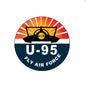 Round KJR U-95 Fly Air Force racing pinback button with orange sunburst stripes