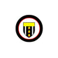 Coat of arms pinback button with black border, red ring, and yellow emblem