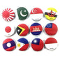 Set of 12 round country flag pinback buttons with hashtag design, assorted colors