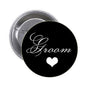 1.25-inch black groom pinback button with white "Groom" script and heart