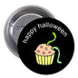 2.25-inch black Happy Halloween cupcake pinback button with green worm details