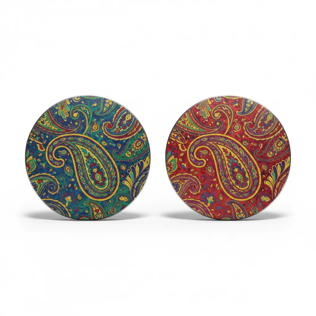 2.25-inch paisley pinback buttons, teal and red round 2-pack