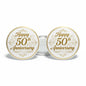 Set of 2 round 50th anniversary pinback badges; gold rim, 'Happy 50th Anniversary'.