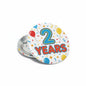 2 Years pinback button, round blue-and-yellow design with balloons, confetti, and safety clasp