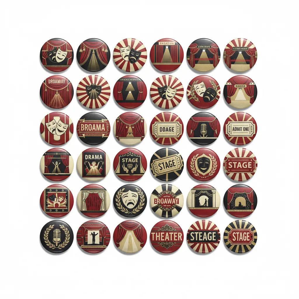 Set of 40 theater-themed round pinback buttons with maroon, black, and gold designs