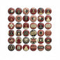 Set of 40 theater-themed round pinback buttons with maroon, black, and gold designs
