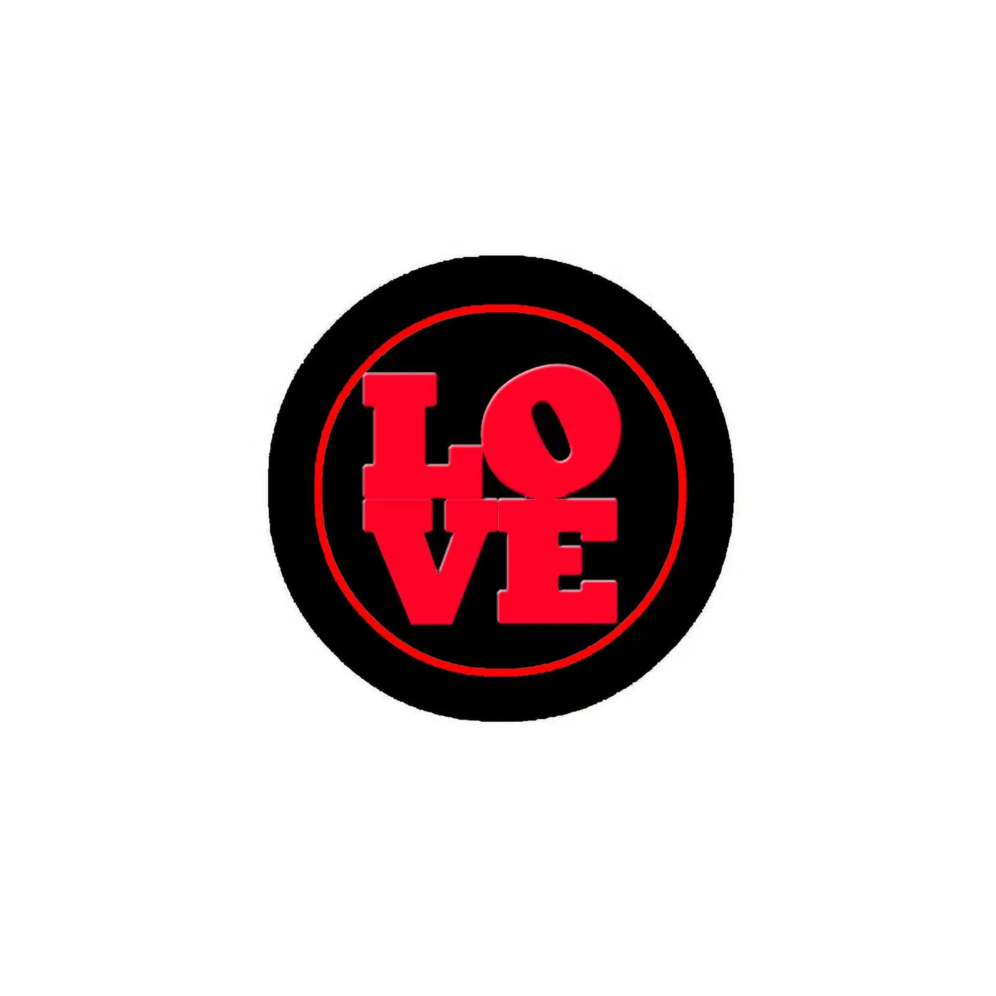 2.25-inch love pinback button, round black with red LOVE text
