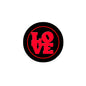 2.25-inch love pinback button, round black with red LOVE text