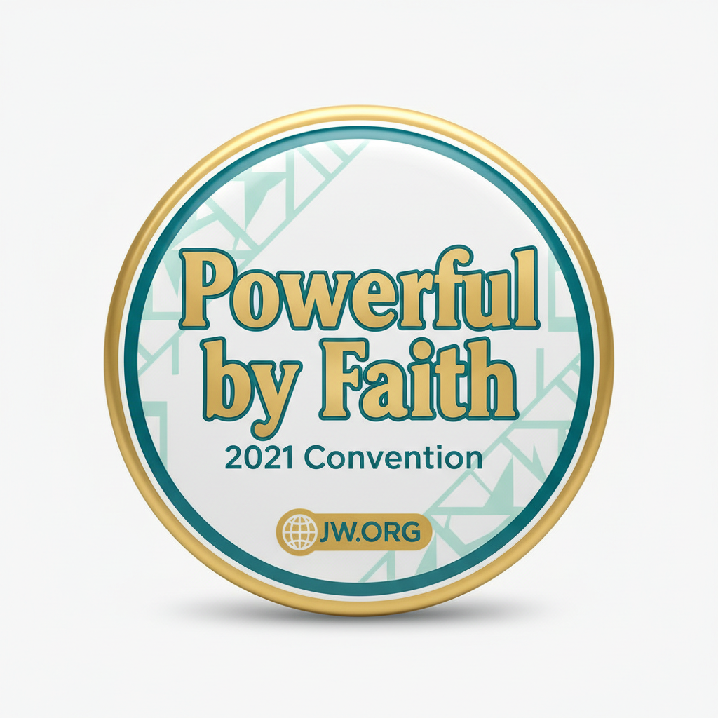 Round enamel pin, teal and gold, 'Powerful by Faith' 2021 Convention JW.ORG