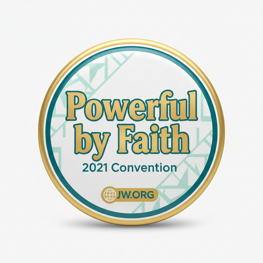 Round enamel pin, teal and gold, 'Powerful by Faith' 2021 Convention JW.ORG