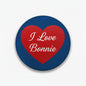 Heart-shaped red I Love Bonnie pinback button with blue border
