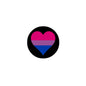 Bisexual pride heart pinback button with black border and pink, purple, blue heart