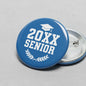 Blue round pinback button with "20XX SENIOR" graduation cap and laurel
