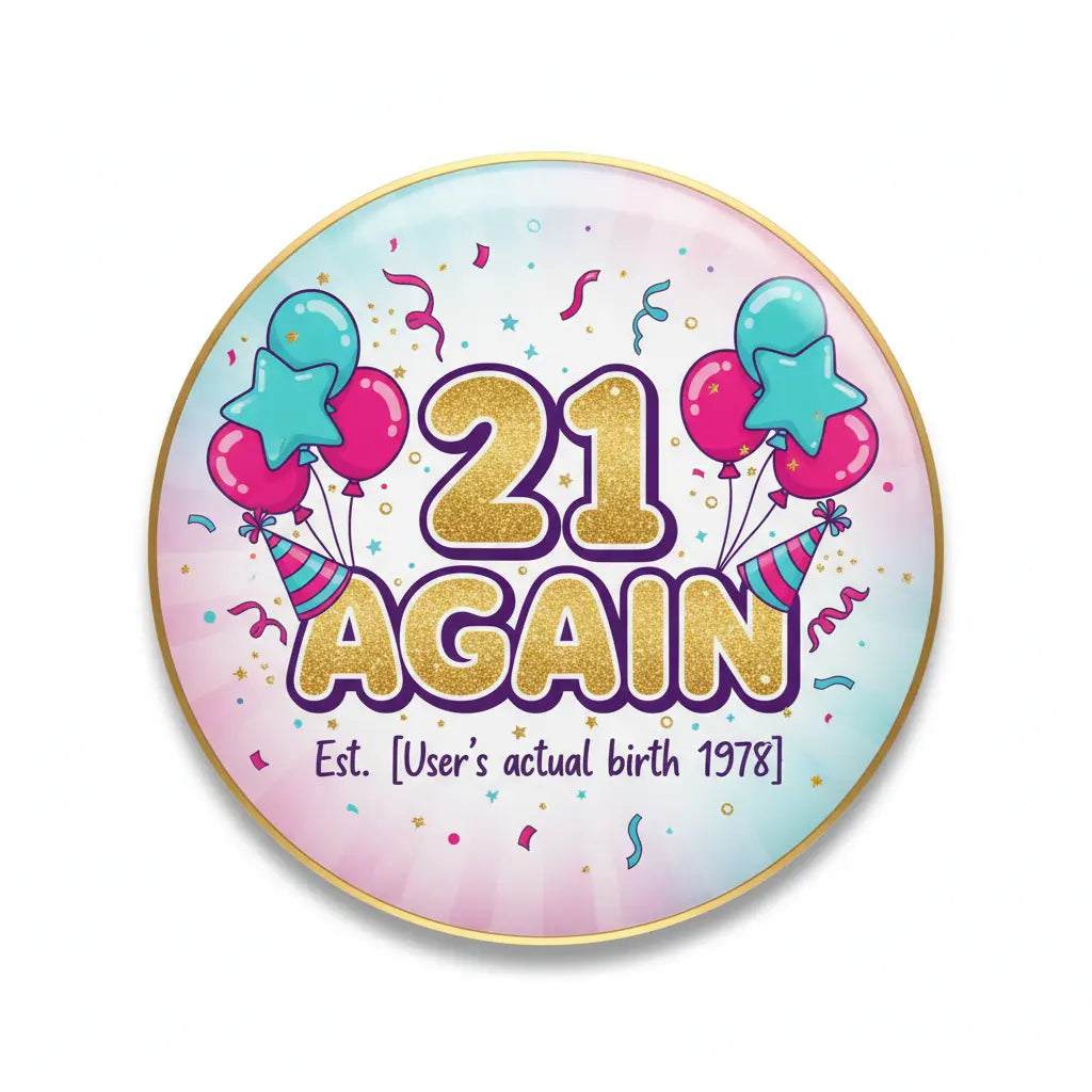 21 Again birthday pinback button, round gold edge, balloons and confetti graphic
