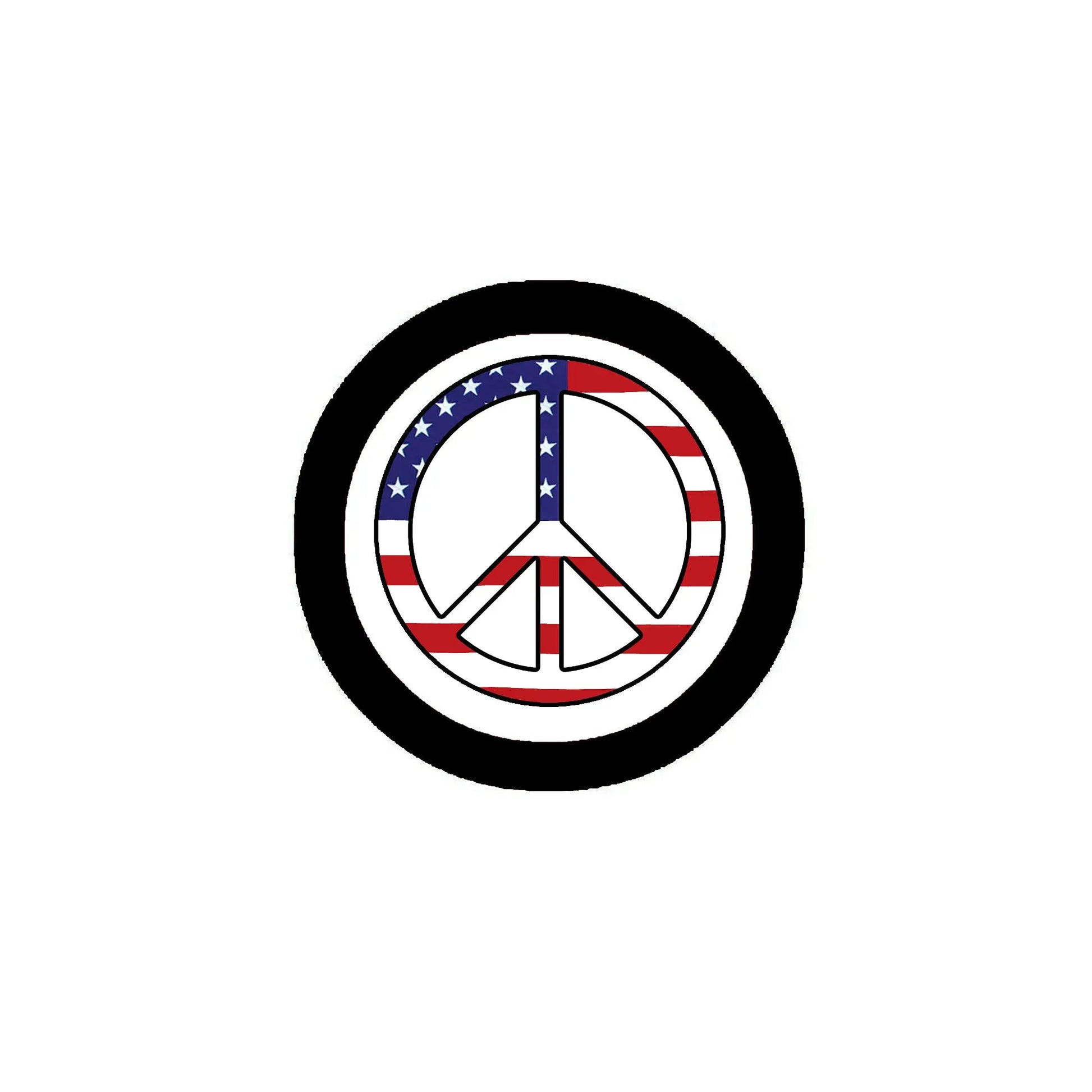 Circular USA flag peace symbol pinback with black outer ring