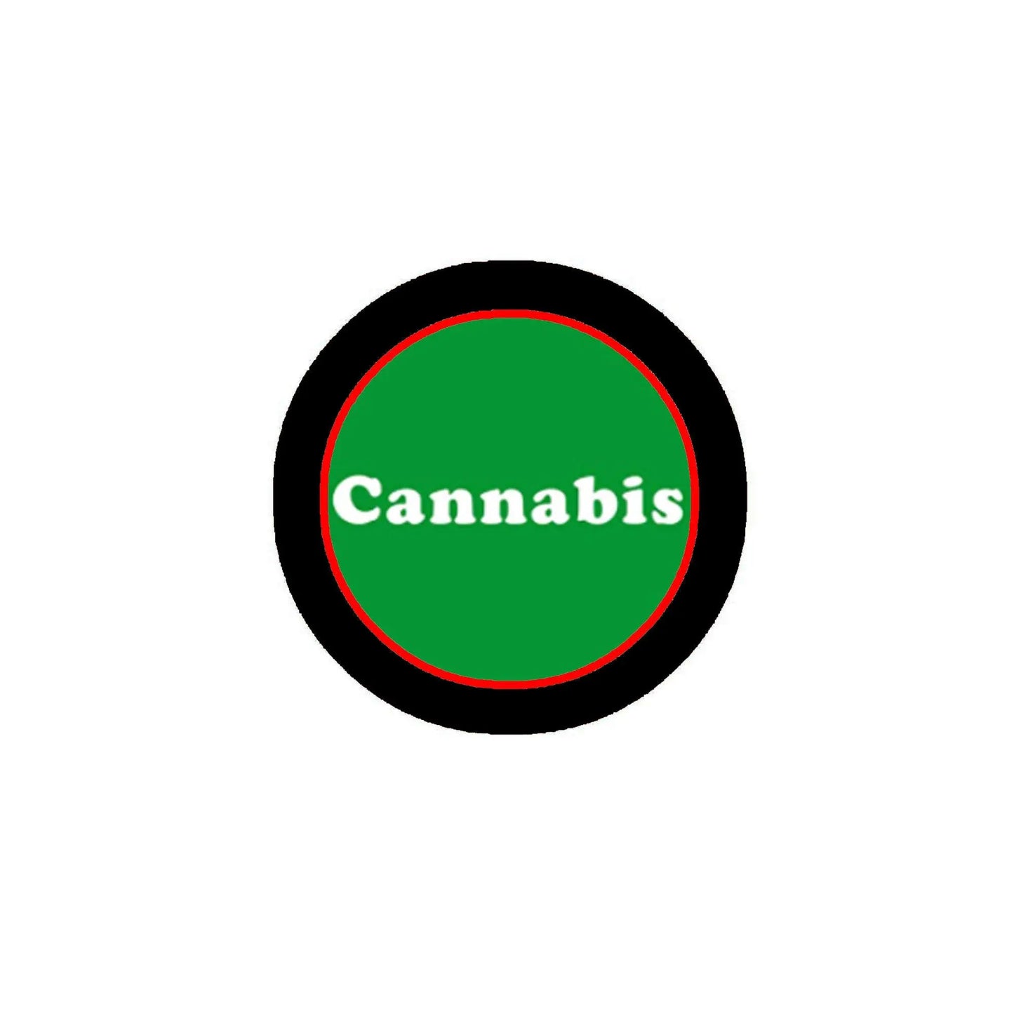 1.25-inch round pinback badge, black rim, green center with red outline 'Cannabis'