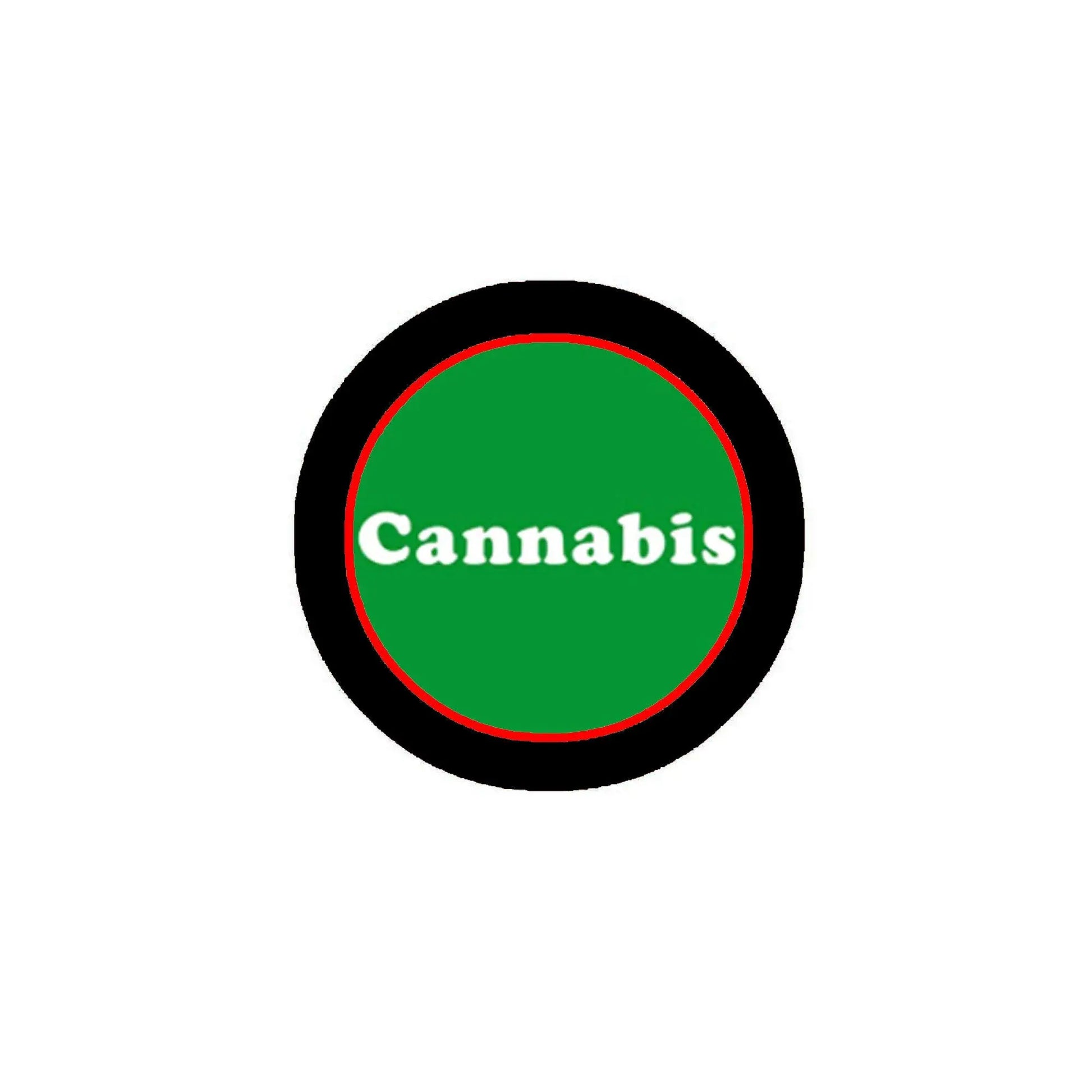 1.25-inch round pinback badge, black rim, green center with red outline 'Cannabis'